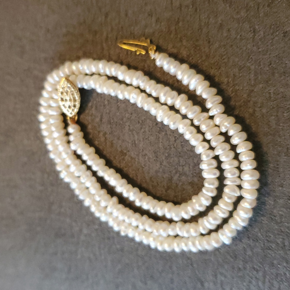 14K Gold Filigree Clasp Freshwater Rice Pearl Necklace 17” | Hand Knotted - Picture 2 of 5